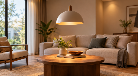 Dome hanging light above a centre table in a Coimbatore living room