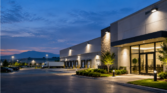 LED wall pack lighting illuminating a commercial building exterior in Coimbatore